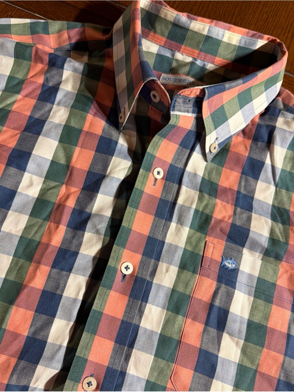 Southern Tide Men's Coral, Navy, Green Plaid Button-Down Shirt